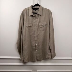 Marc Anthony Mens Slim Fit 100% Linen Long Sleeve Button Down Shirt Khaki Large